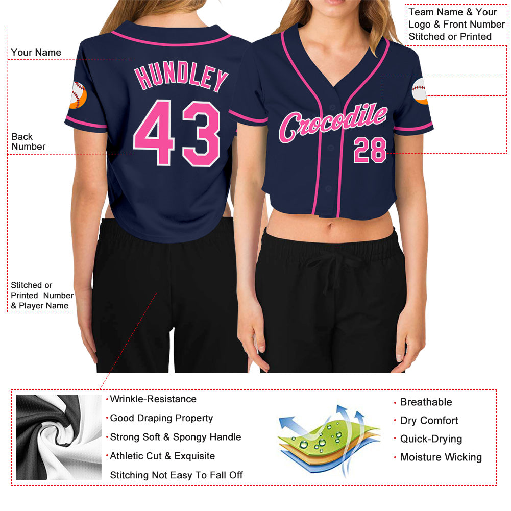 Custom Women's Navy Pink-White V-Neck Cropped Baseball Jersey