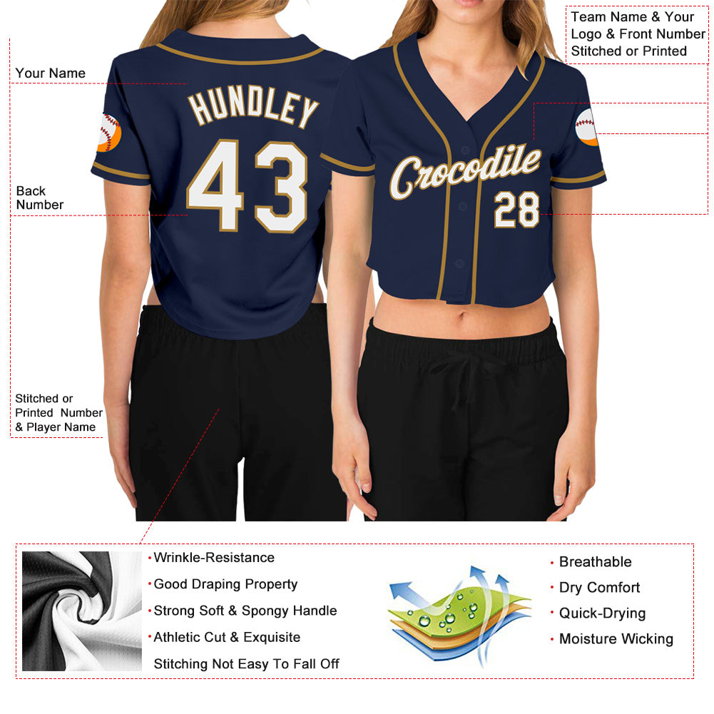 Custom Women's Navy White-Old Gold V-Neck Cropped Baseball Jersey