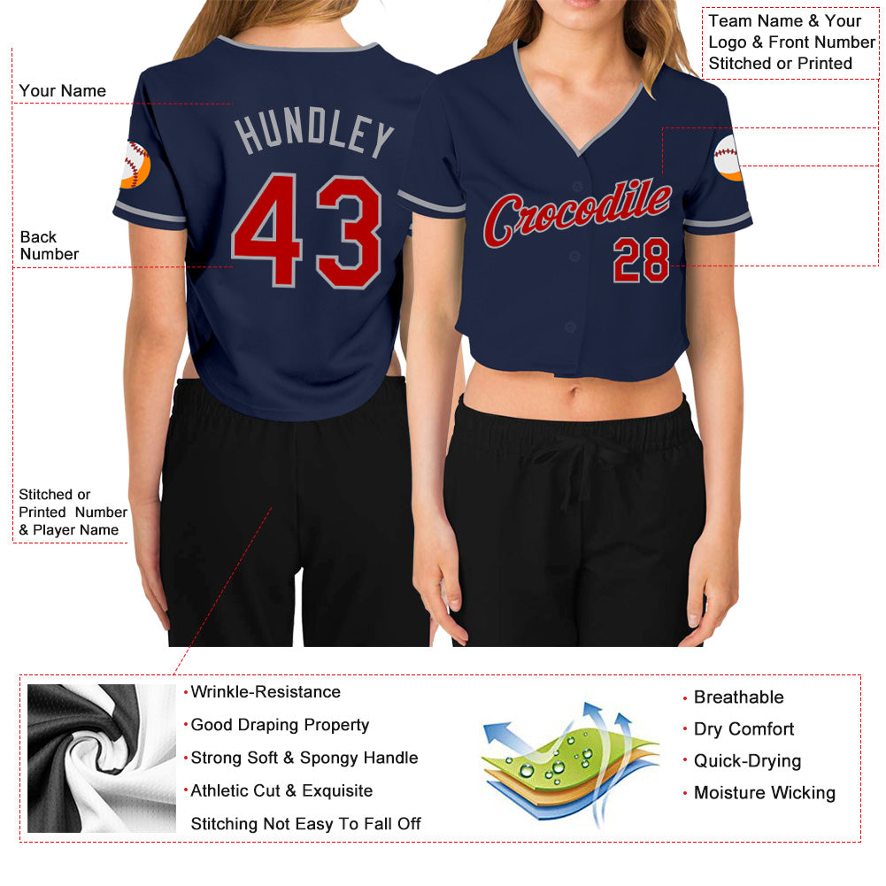 Custom Women's Navy Red-Gray V-Neck Cropped Baseball Jersey