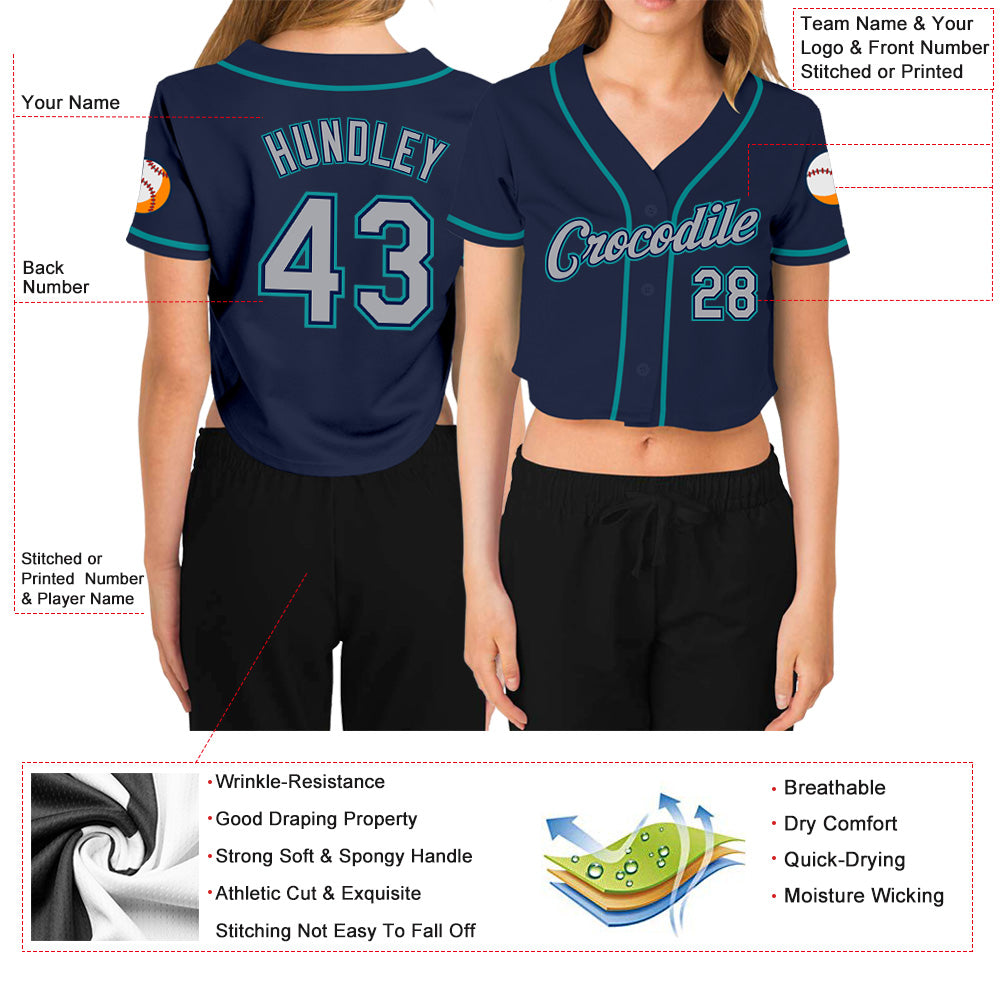 Custom Women's Navy Gray-Aqua V-Neck Cropped Baseball Jersey