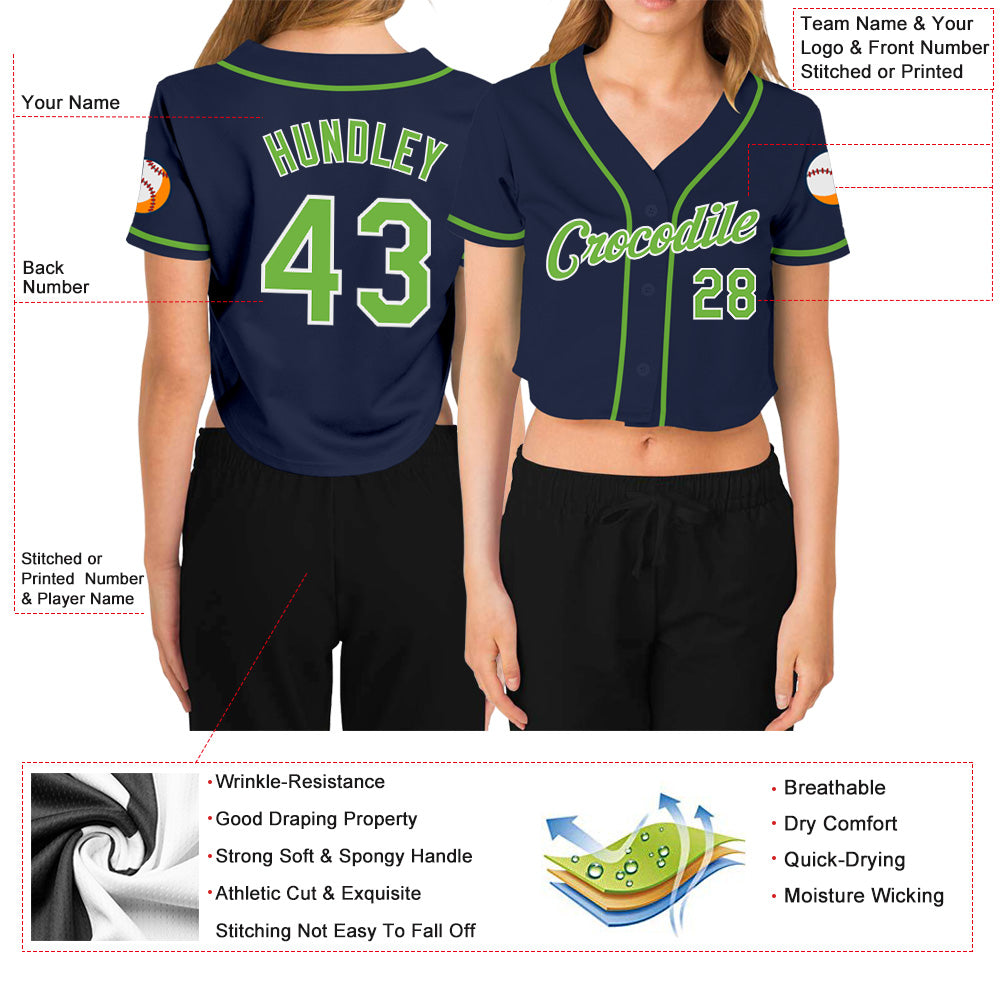 Custom Women's Navy Neon Green-White V-Neck Cropped Baseball Jersey