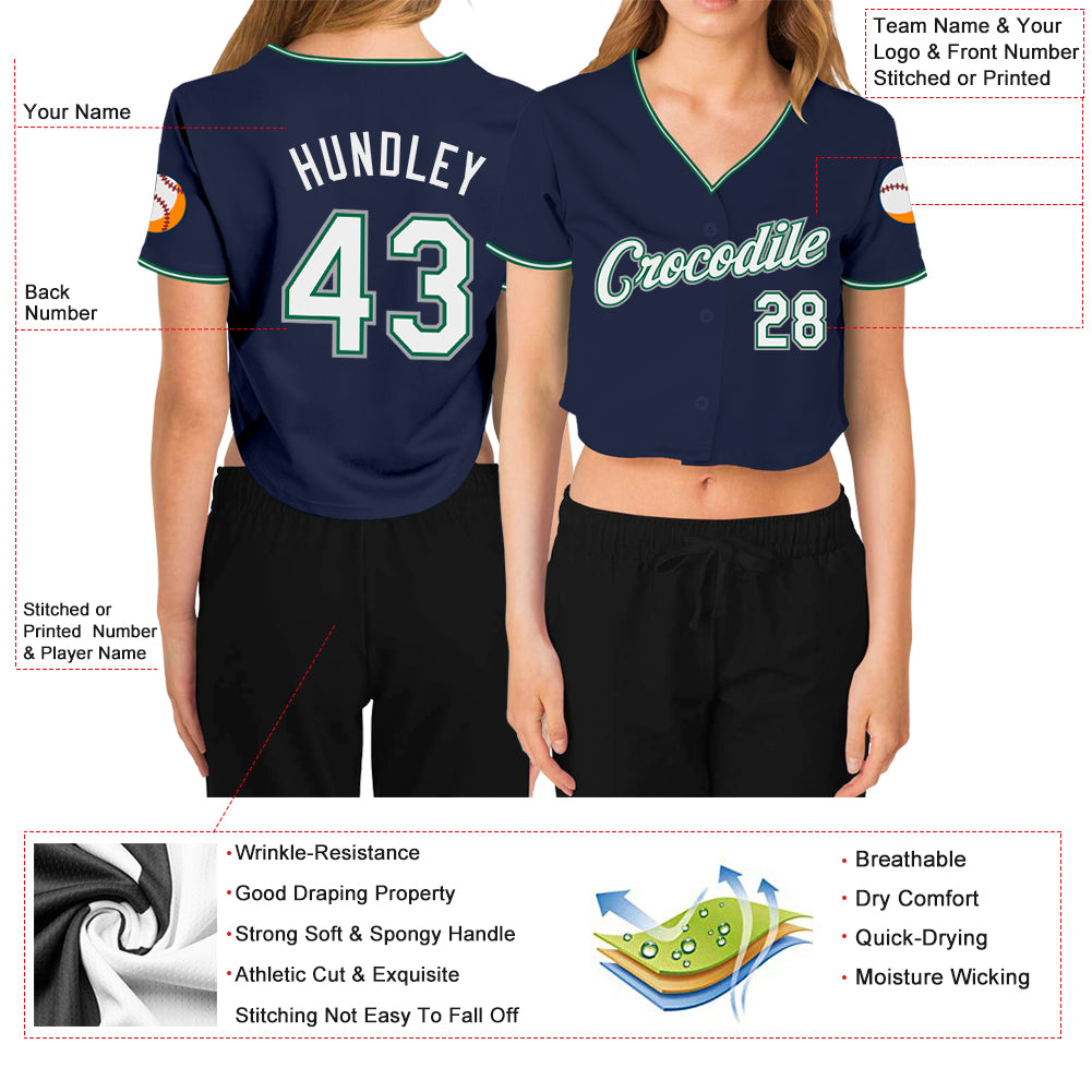 Custom Women's Navy White Kelly Green-Gray V-Neck Cropped Baseball Jersey