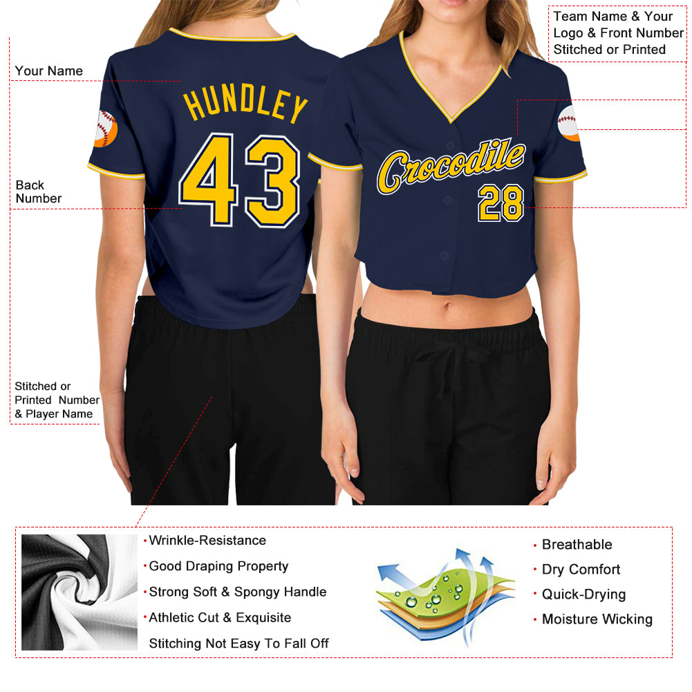 Custom Women's Navy Gold-White V-Neck Cropped Baseball Jersey