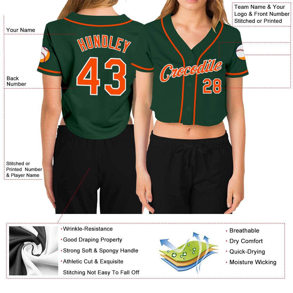 Custom Women's Green Orange-White V-Neck Cropped Baseball Jersey