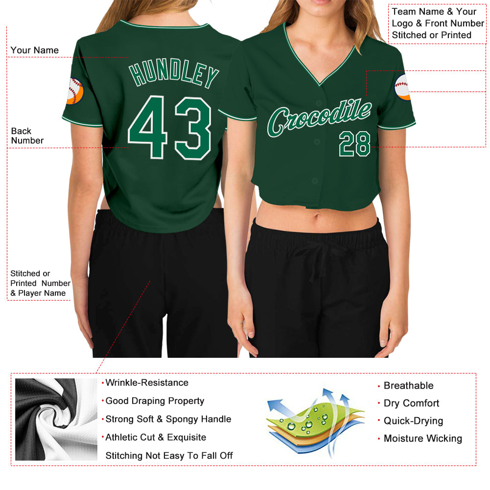 Custom Women's Green Kelly Green-White V-Neck Cropped Baseball Jersey