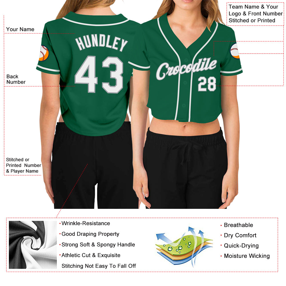 Custom Women's Kelly Green White-Gray V-Neck Cropped Baseball Jersey