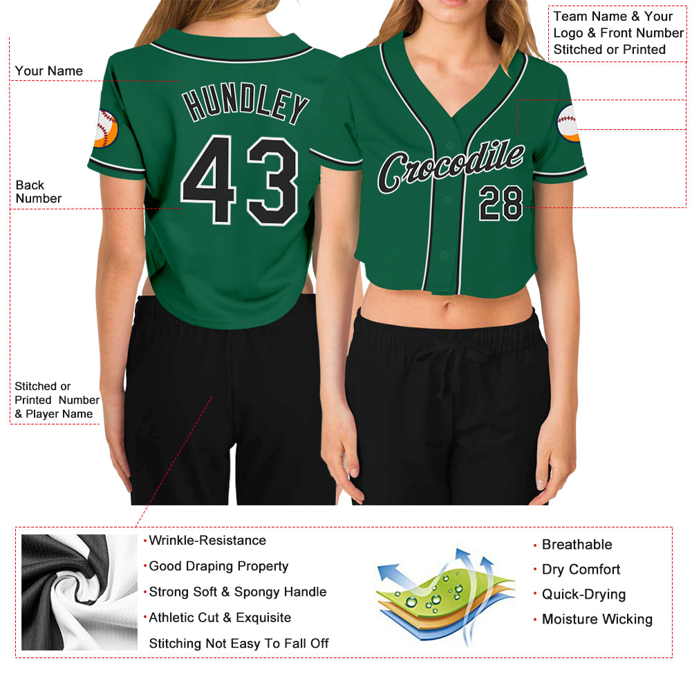Custom Women's Kelly Green Black-White V-Neck Cropped Baseball Jersey
