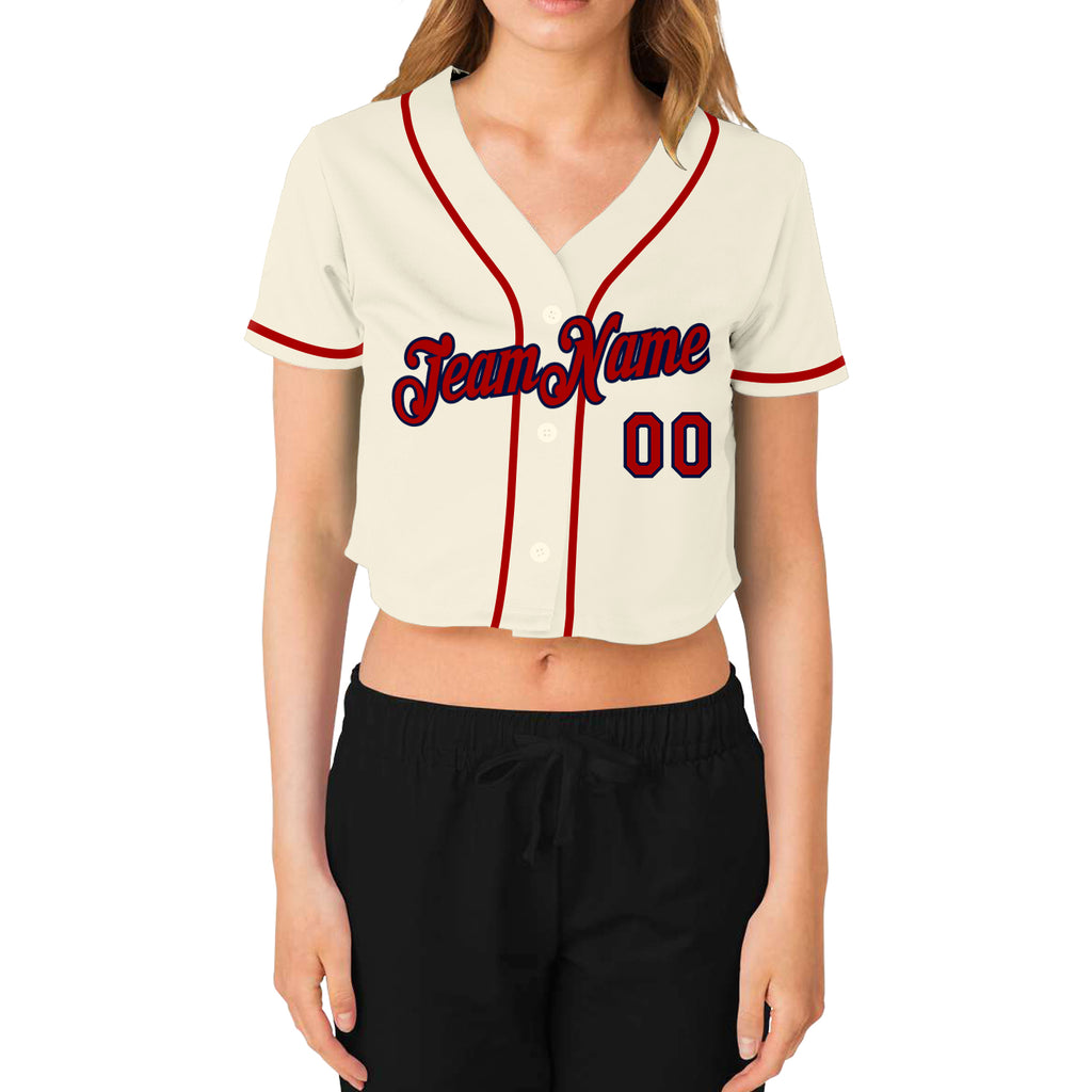Custom Women's Cream Red-Navy V-Neck Cropped Baseball Jersey
