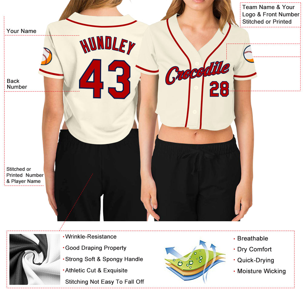 Custom Women's Cream Red-Navy V-Neck Cropped Baseball Jersey