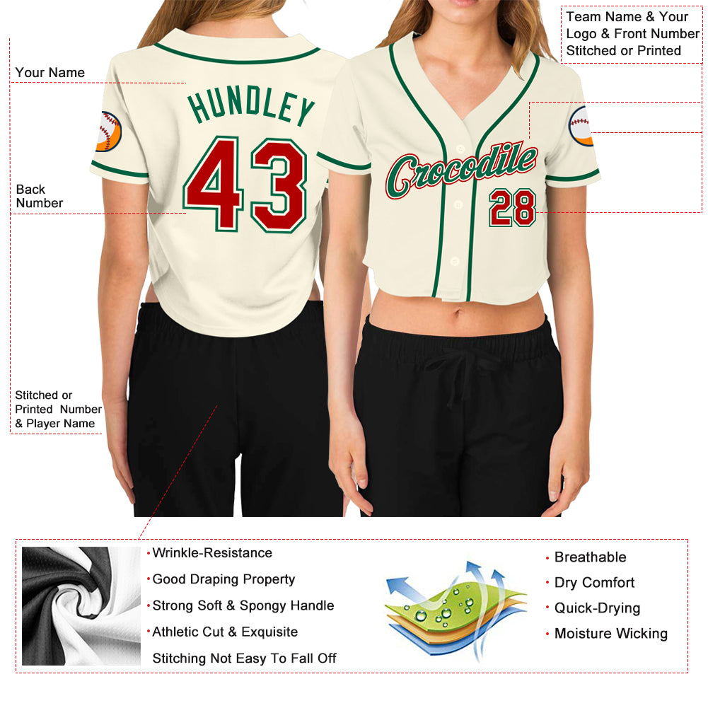 Custom Women's Cream Red-Kelly Green V-Neck Cropped Baseball Jersey