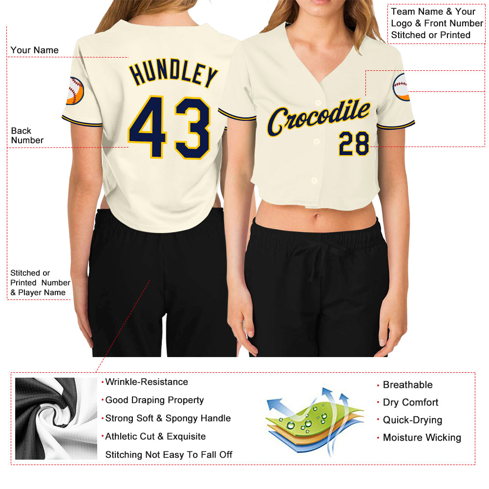 Custom Women's Cream Navy-Gold V-Neck Cropped Baseball Jersey