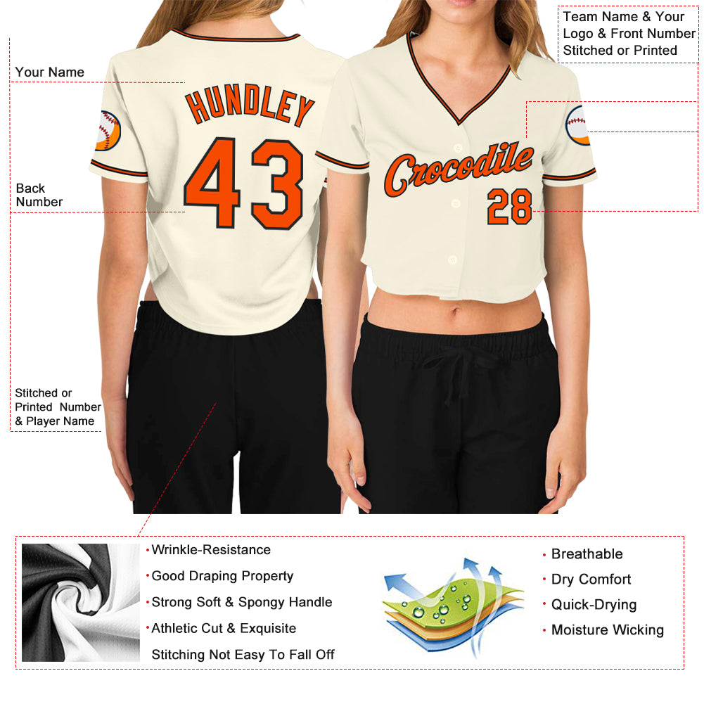 Custom Women's Cream Orange-Black V-Neck Cropped Baseball Jersey