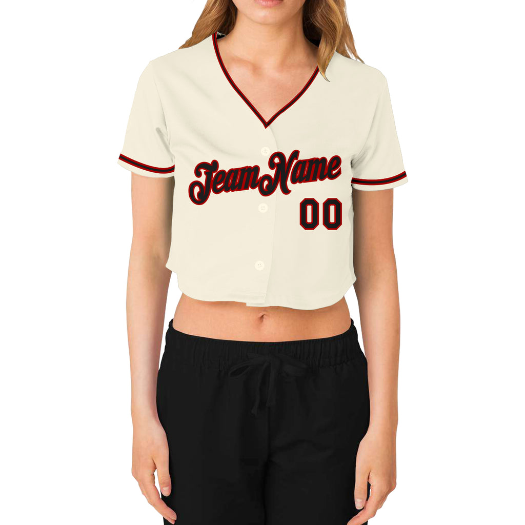 Custom Women's Cream Black-Red V-Neck Cropped Baseball Jersey