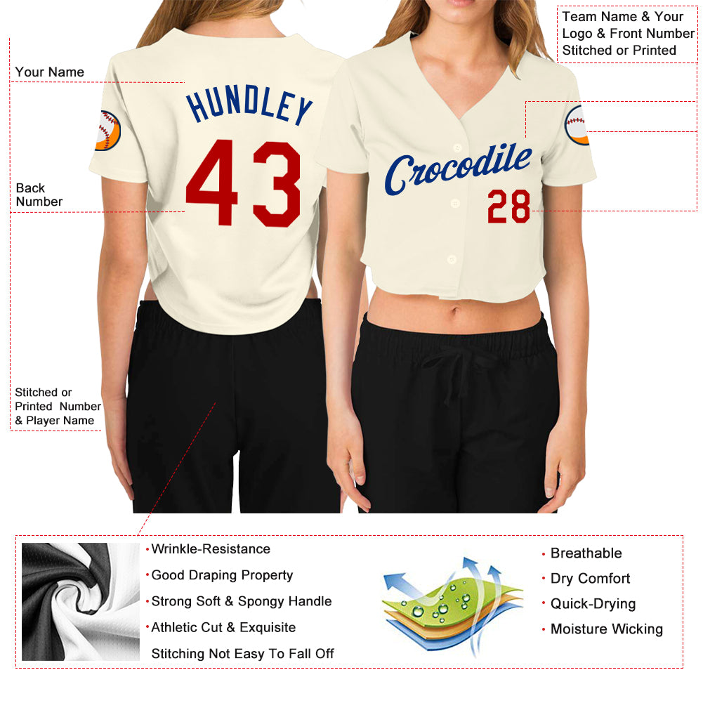 Custom Women's Cream Red-Royal V-Neck Cropped Baseball Jersey