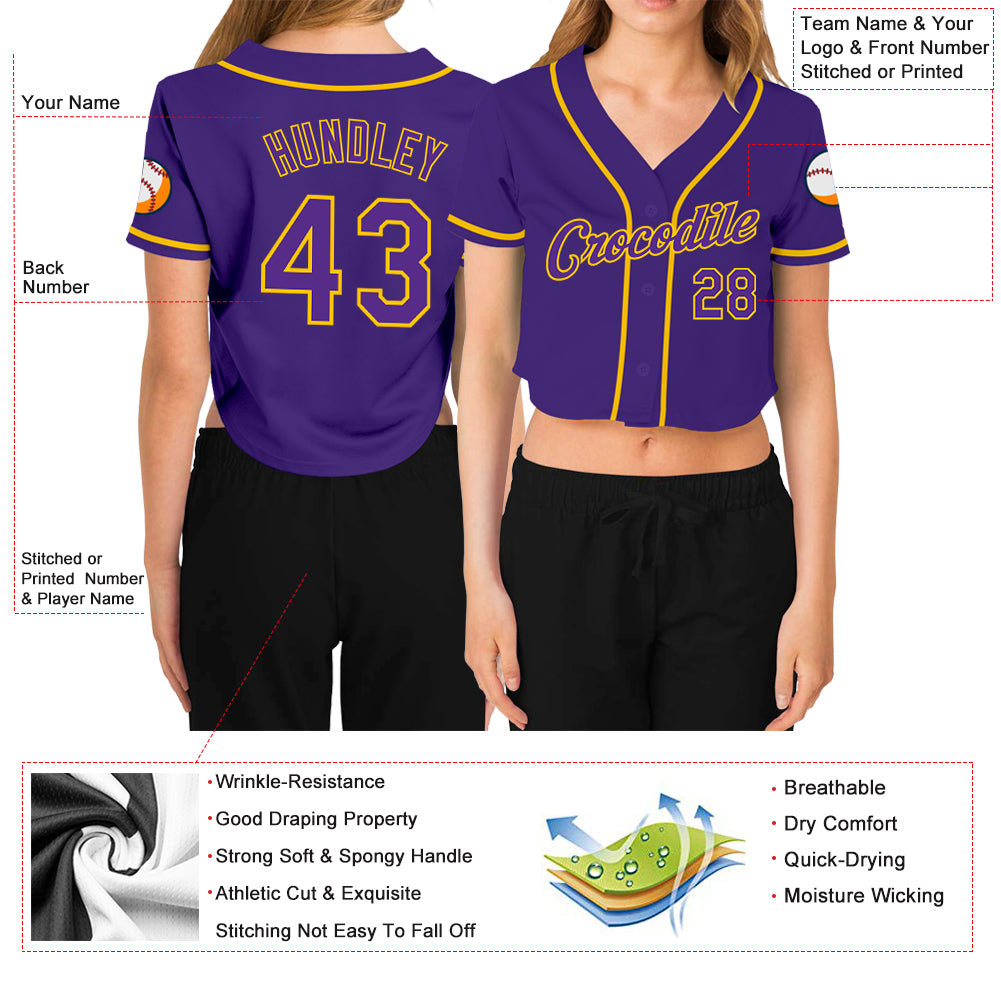 Custom Women's Purple Purple-Gold V-Neck Cropped Baseball Jersey