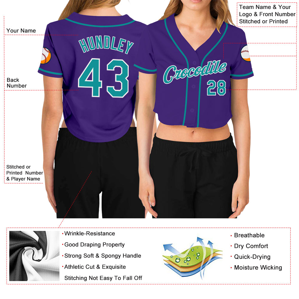 Custom Women's Purple Aqua-White V-Neck Cropped Baseball Jersey