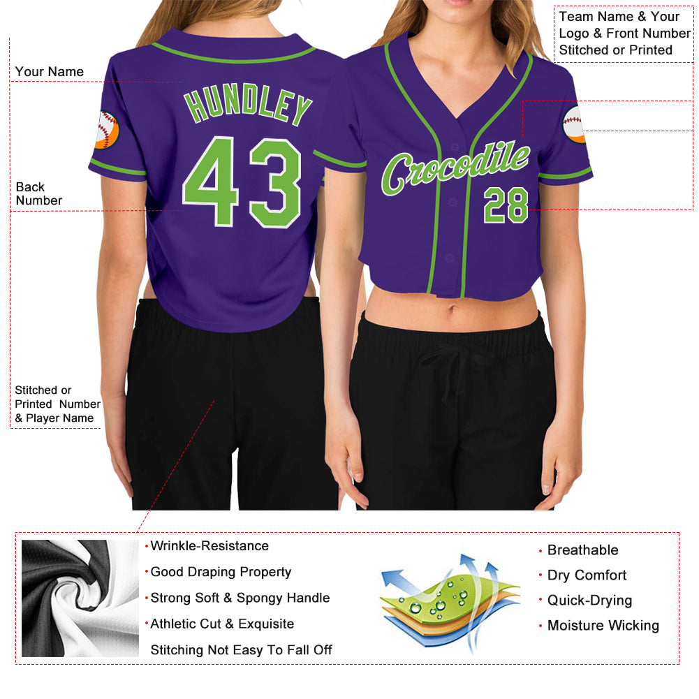 Custom Women's Purple Neon Green-White V-Neck Cropped Baseball Jersey