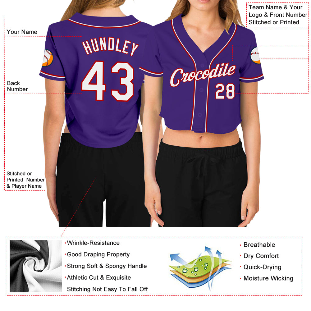 Custom Women's Purple White-Red V-Neck Cropped Baseball Jersey