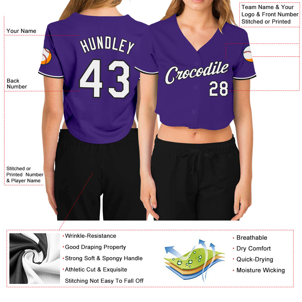 Custom Women's Purple White-Black V-Neck Cropped Baseball Jersey