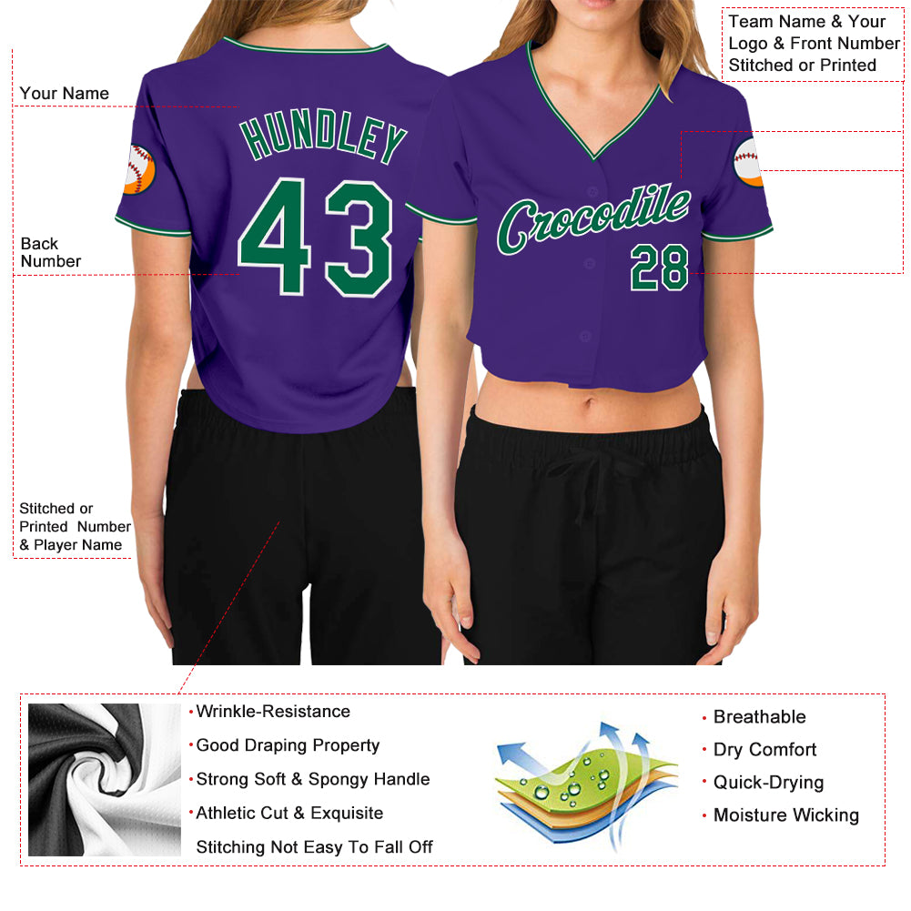 Custom Women's Purple Kelly Green-White V-Neck Cropped Baseball Jersey