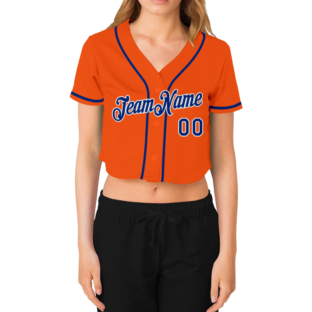 Custom Women's Orange Royal-White V-Neck Cropped Baseball Jersey
