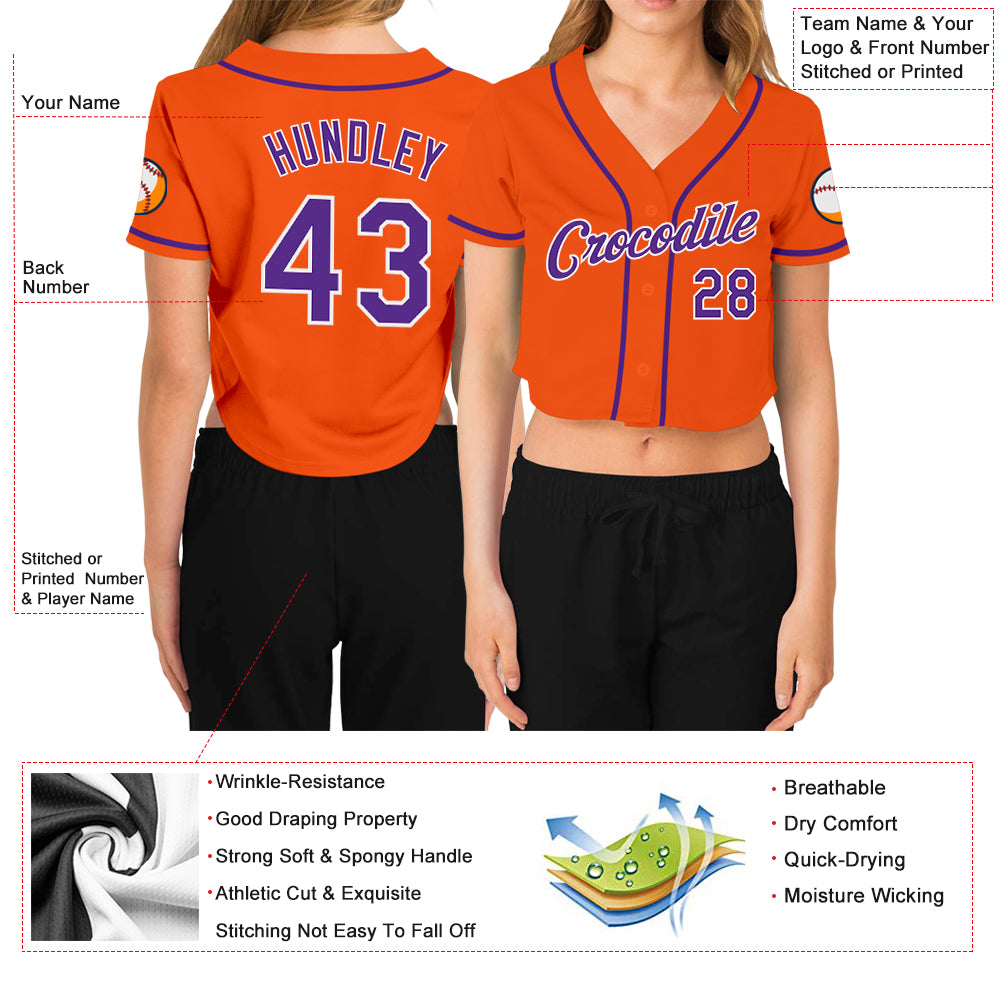 Custom Women's Orange Purple-White V-Neck Cropped Baseball Jersey