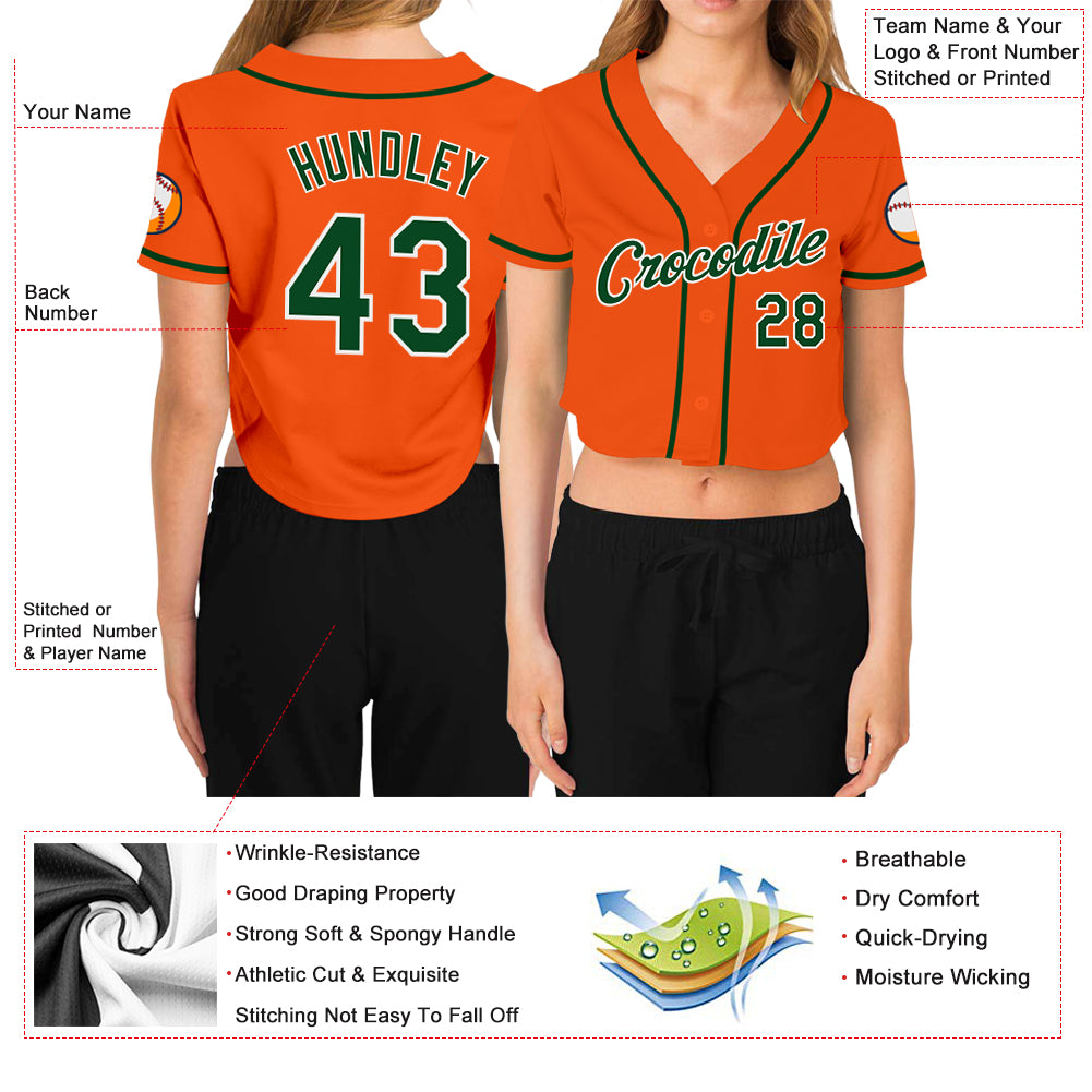 Custom Women's Orange Green-White V-Neck Cropped Baseball Jersey