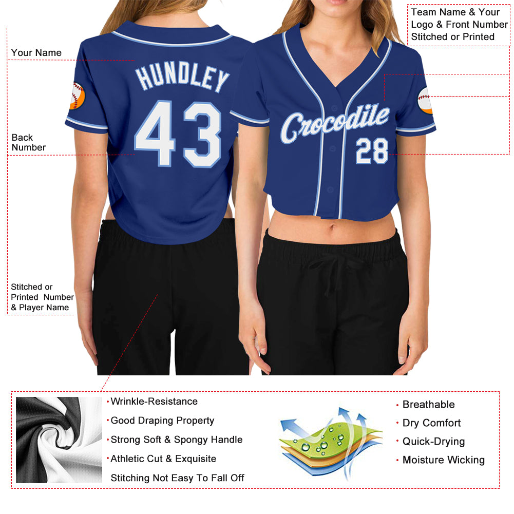 Custom Women's Royal White-Light Blue V-Neck Cropped Baseball Jersey
