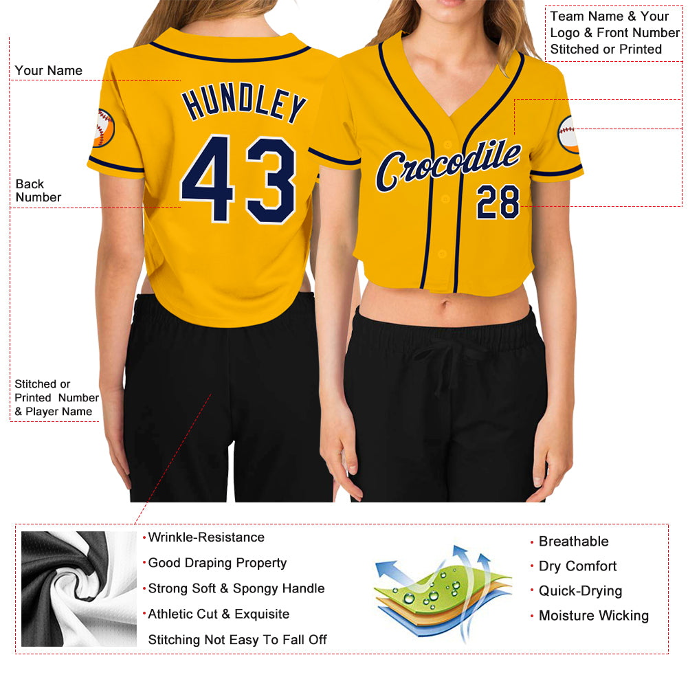 Custom Women's Gold Navy-White V-Neck Cropped Baseball Jersey