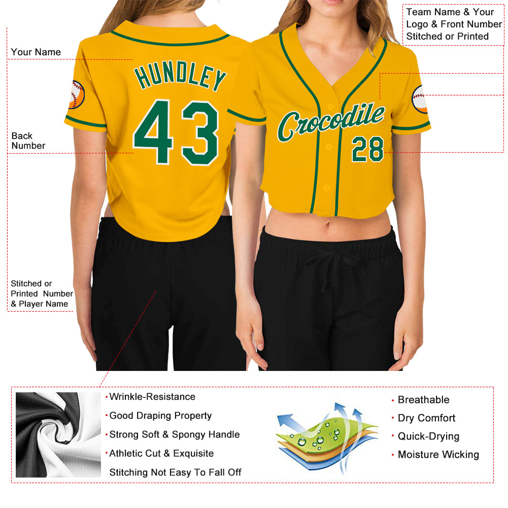 Custom Women's Gold Kelly Green-White V-Neck Cropped Baseball Jersey