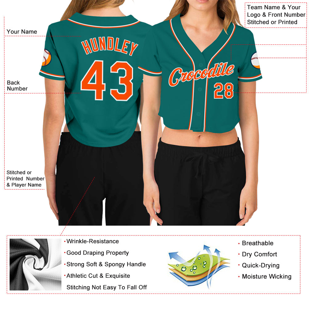 Custom Women's Aqua Orange-White V-Neck Cropped Baseball Jersey