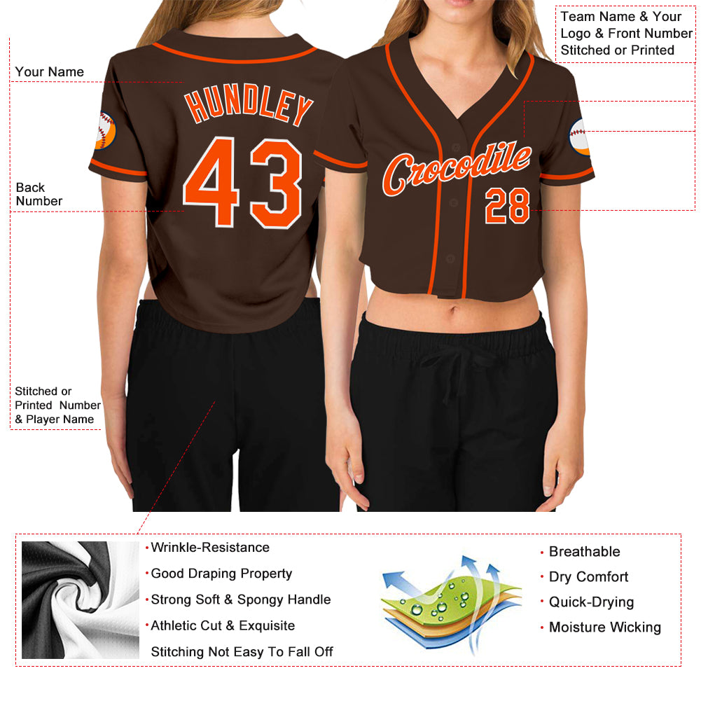 Custom Women's Brown Orange-White V-Neck Cropped Baseball Jersey