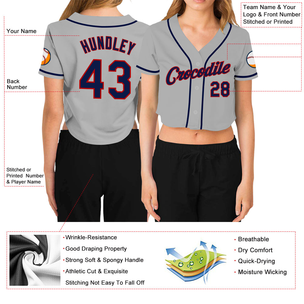 Custom Women's Gray Navy-Red V-Neck Cropped Baseball Jersey