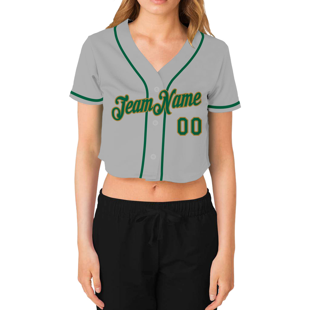 Custom Women's Gray Kelly Green-Old Gold V-Neck Cropped Baseball Jersey