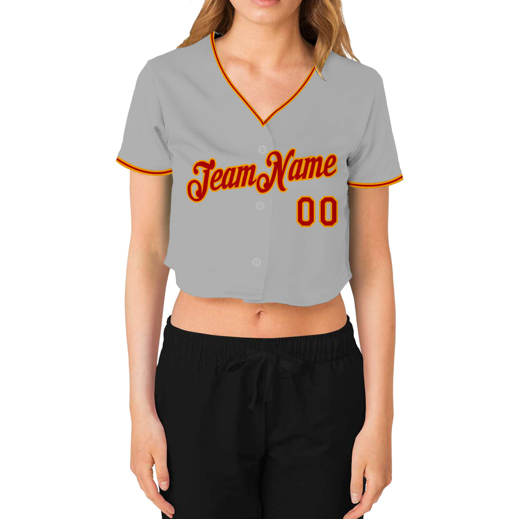 Custom Women's Gray Red-Gold V-Neck Cropped Baseball Jersey