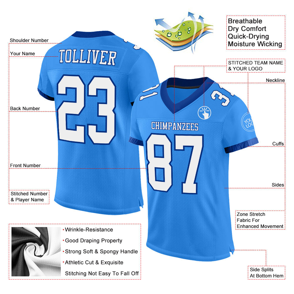 Custom Electric Blue White-Royal Mesh Authentic Football Jersey