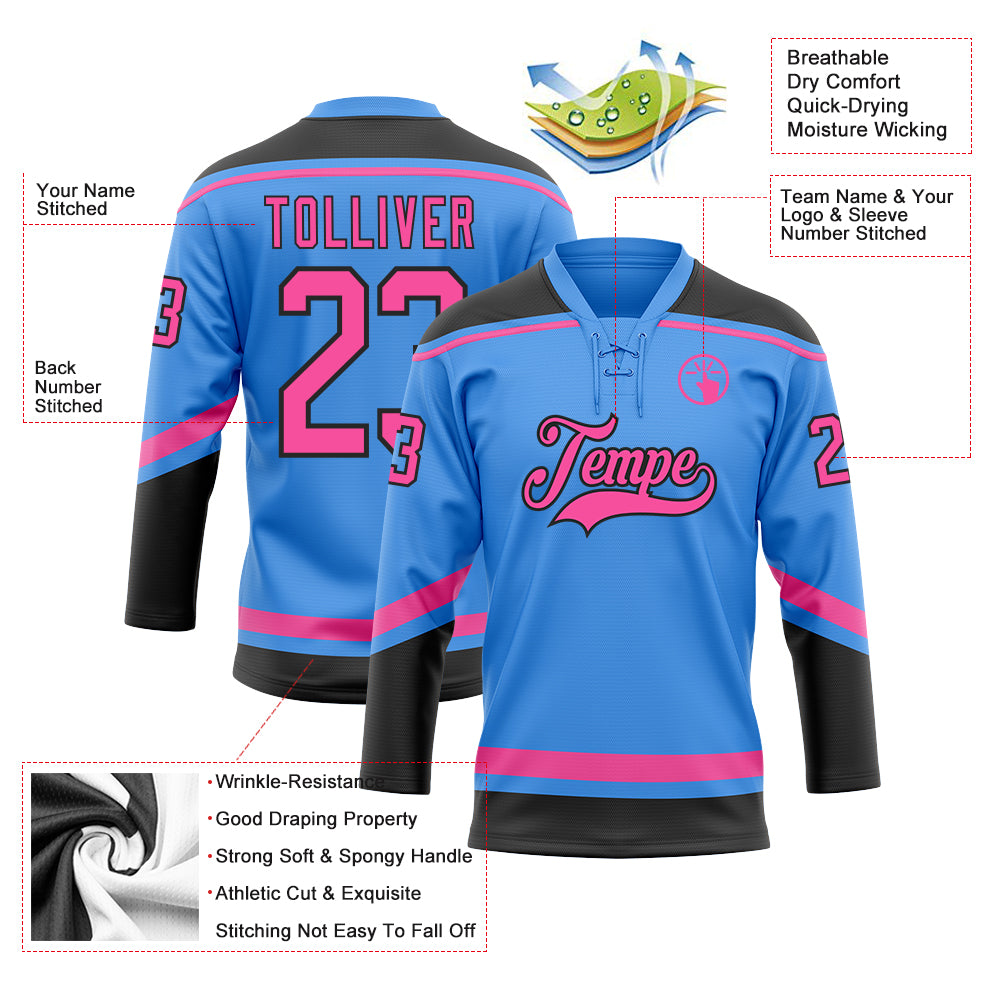 Custom Electric Blue Pink-Black Hockey Lace Neck Jersey