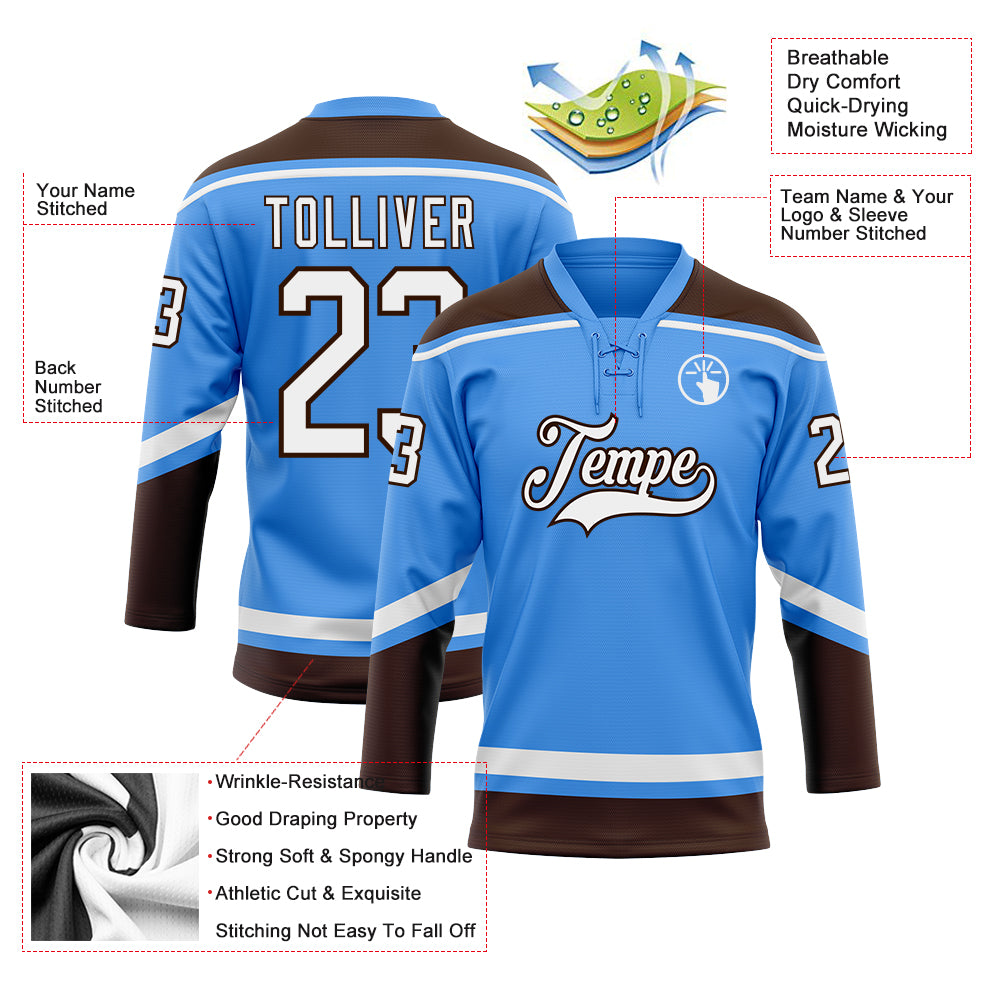 Custom Electric Blue White-Brown Hockey Lace Neck Jersey