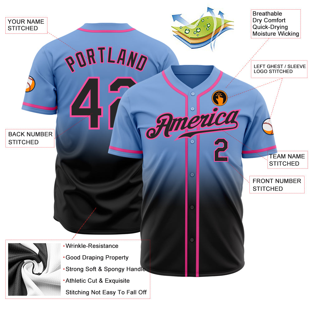 Custom Light Blue Black-Pink Authentic Fade Fashion Baseball Jersey