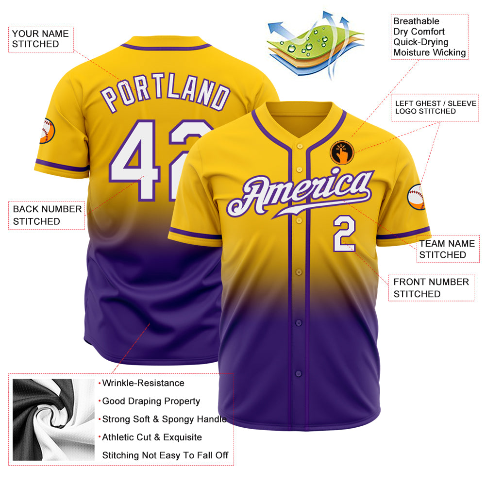 Custom Yellow White-Purple Authentic Fade Fashion Baseball Jersey