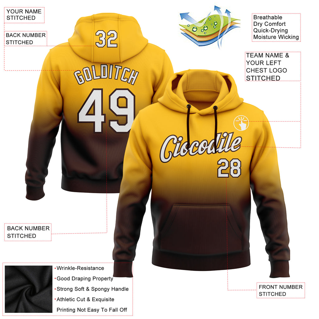 Custom Stitched Gold White-Brown Fade Fashion Sports Pullover Sweatshirt Hoodie