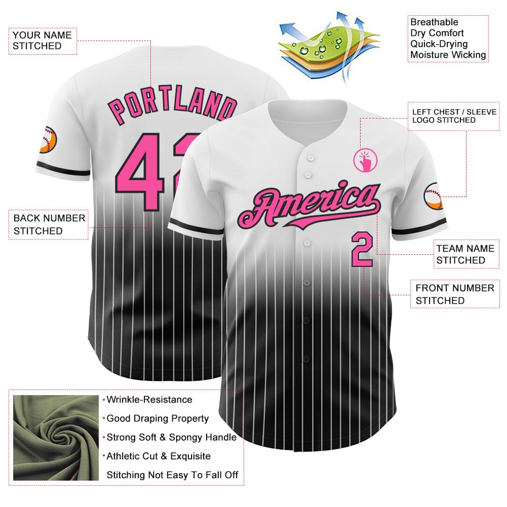 Custom White Pinstripe Pink-Black Authentic Fade Fashion Baseball Jersey