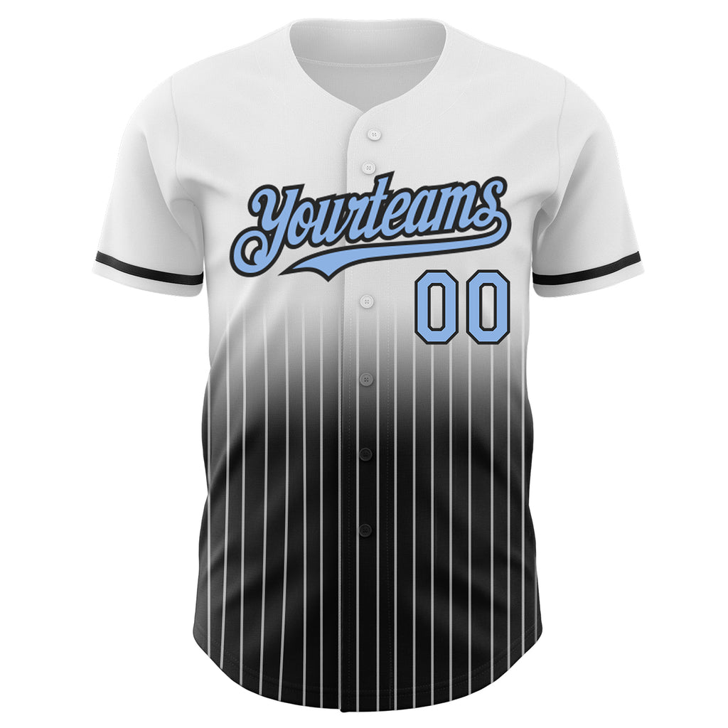 Custom White Pinstripe Light Blue-Black Authentic Fade Fashion Baseball Jersey