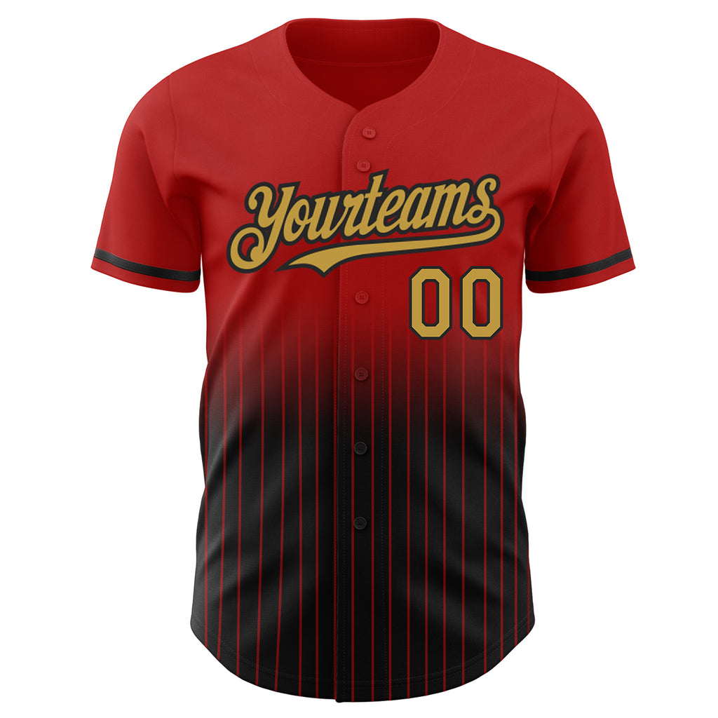 Custom Red Pinstripe Old Gold-Black Authentic Fade Fashion Baseball Jersey