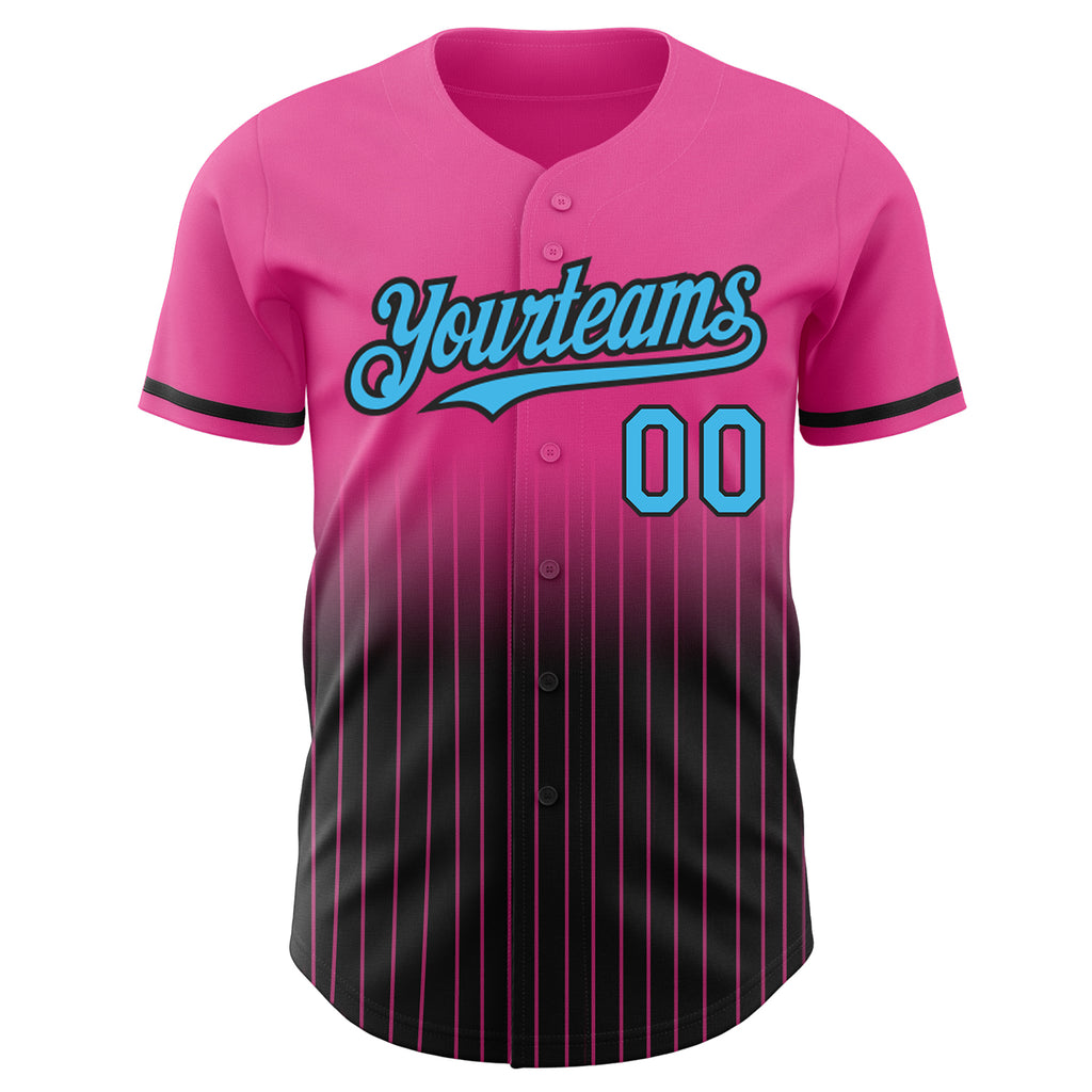 Custom Pink Pinstripe Sky Blue-Black Authentic Fade Fashion Baseball Jersey