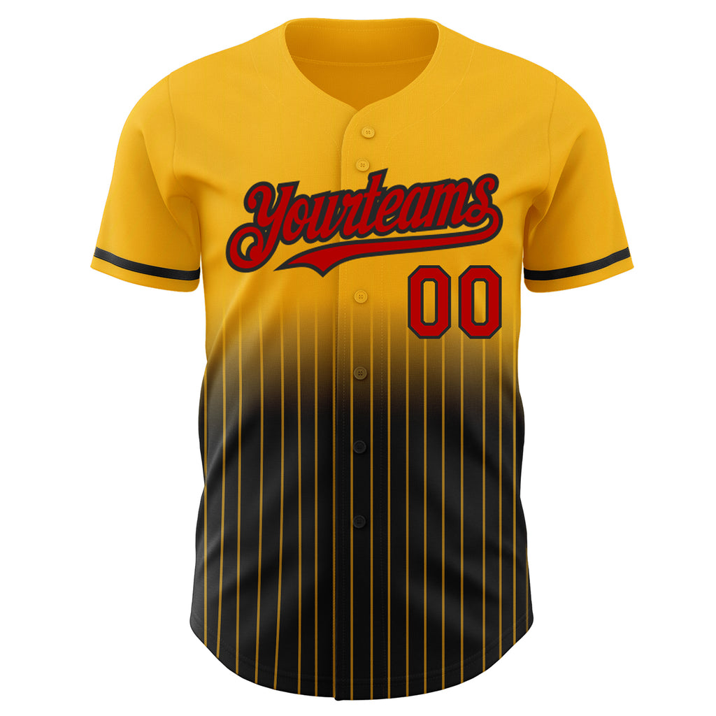 Custom Gold Pinstripe Red-Black Authentic Fade Fashion Baseball Jersey