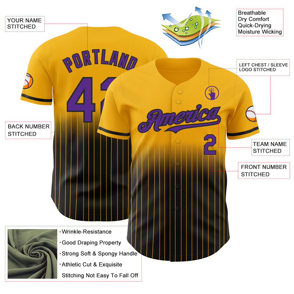Custom Gold Pinstripe Purple-Black Authentic Fade Fashion Baseball Jersey
