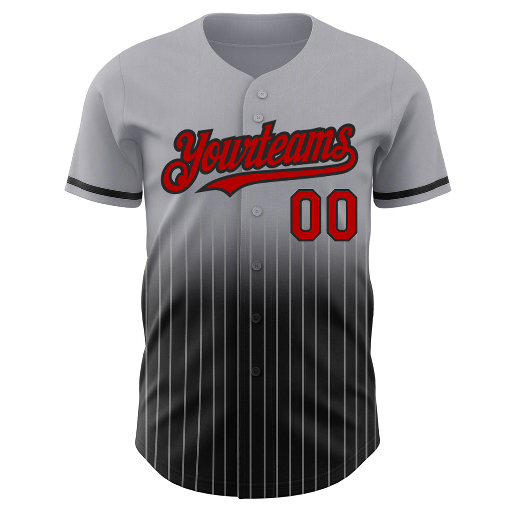 Custom Gray Pinstripe Red-Black Authentic Fade Fashion Baseball Jersey