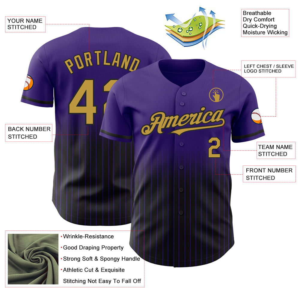 Custom Purple Pinstripe Old Gold-Black Authentic Fade Fashion Baseball Jersey