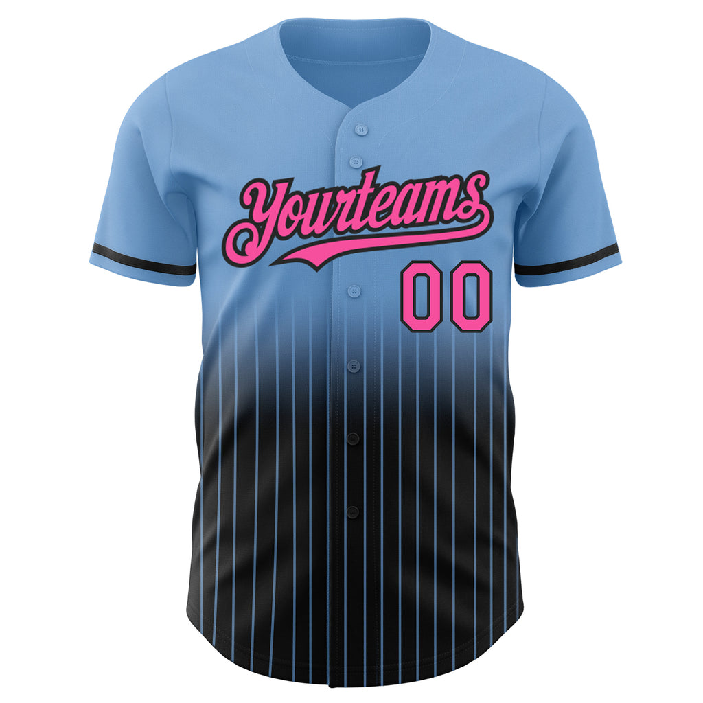 Custom Light Blue Pinstripe Pink-Black Authentic Fade Fashion Baseball Jersey